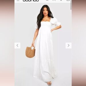 LINEN SHIRRED TIERED MAXI DRESS , smocked, linen blend, puff sleeves, maternity